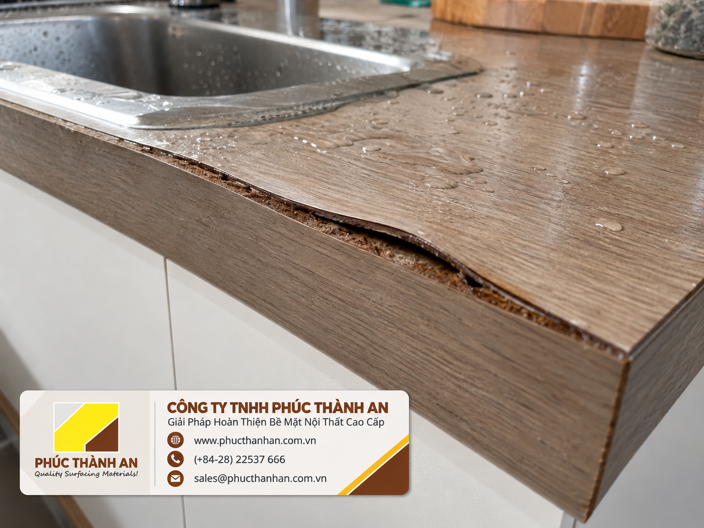 Laminate là gì? Cấu tạo, phân loại và cách chọn đúng 10 Hỏng ở khâu xử lý cạnh, không phải hỏng tấm. Cạnh cắt là lõi giấy hở, ở khu vực ướt mà không dán kín thì hút ẩm và phồng mép trong khi mặt tấm vẫn nguyên.