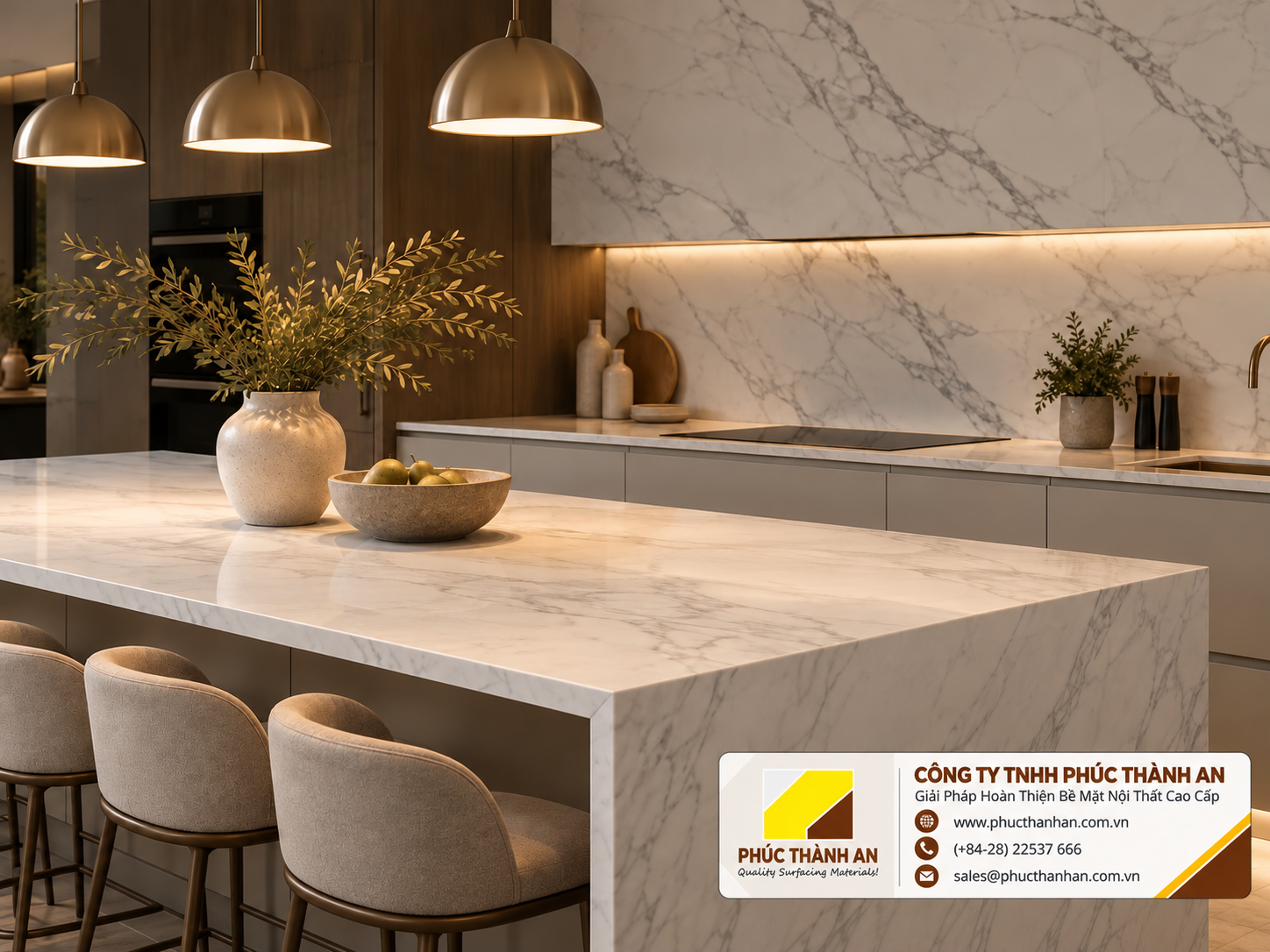 Laminate là gì? Cấu tạo, phân loại và cách chọn đúng 6 Mặt bàn đảo bếp và tường ốp laminate vân đá marble trắng