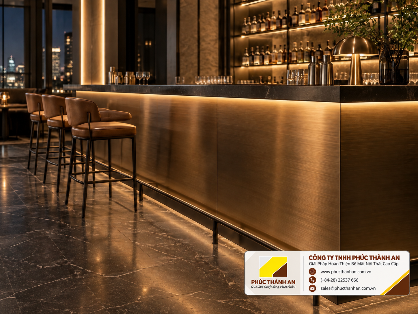 Laminate là gì? Cấu tạo, phân loại và cách chọn đúng 9 Mặt quầy bar khách sạn ốp laminate kim loại đồng xước