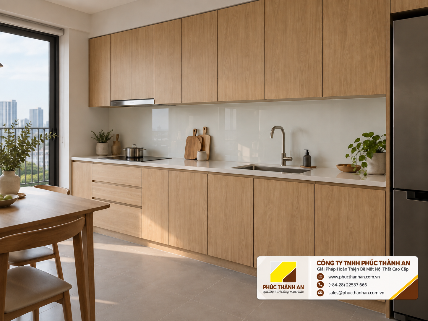 Laminate là gì? Cấu tạo, phân loại và cách chọn đúng 5 Cánh tủ bếp phủ laminate vân gỗ sồi sáng, bề mặt mờ
