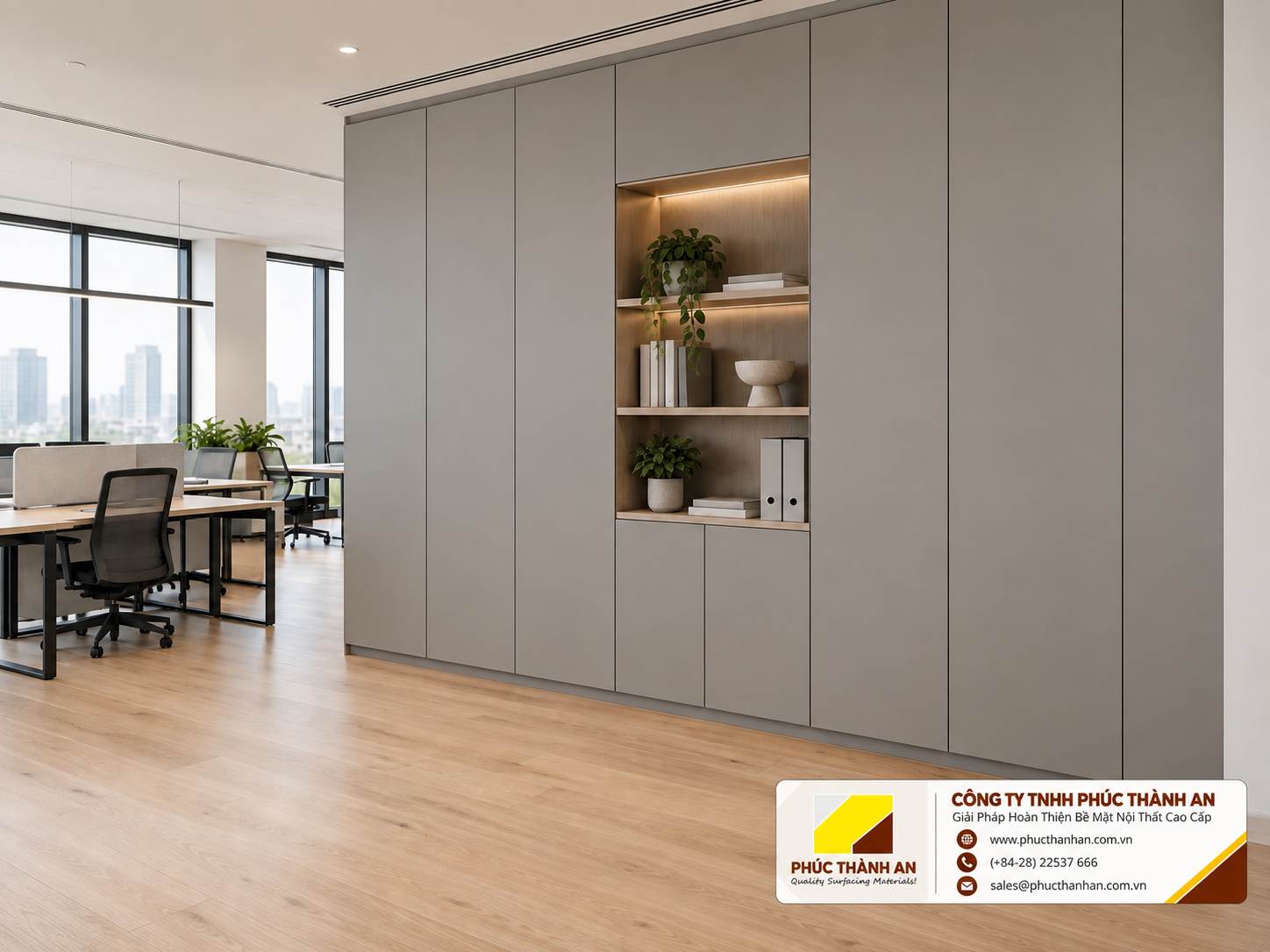 Laminate là gì? Cấu tạo, phân loại và cách chọn đúng 8 Tủ văn phòng phủ laminate màu trơn xám ấm