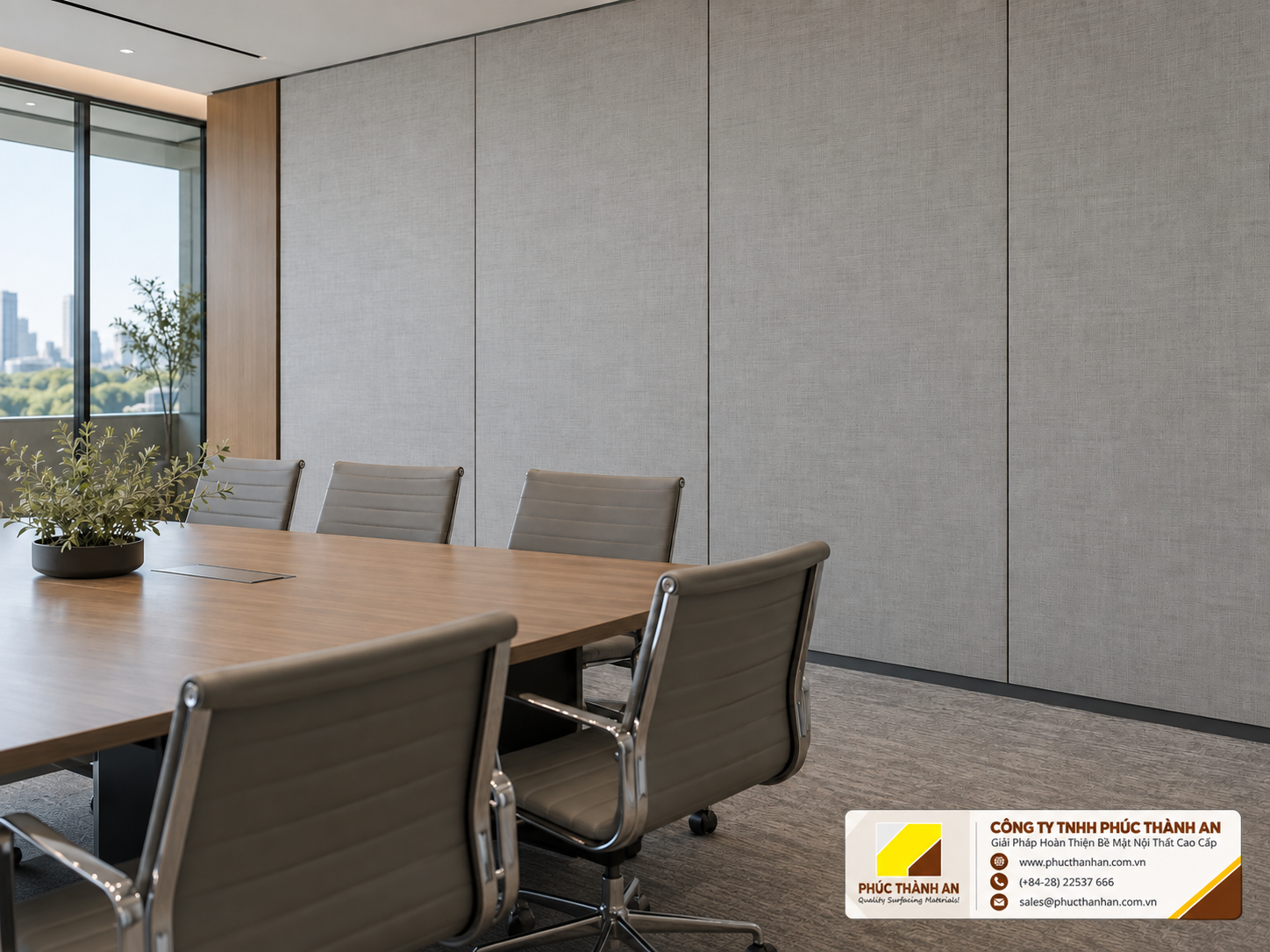 Laminate là gì? Cấu tạo, phân loại và cách chọn đúng 7 Vách ngăn phòng họp ốp laminate vân vải màu xám nhạt